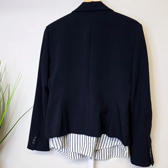 Zara Basic Navy Blue Blazer with Striped Shirt Hem Detail Size Large Womens - Picture 3 of 4